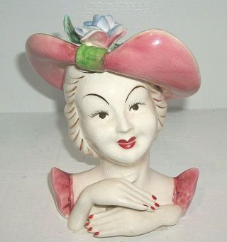 Vintage Lady Head Vase Ucagco Large Pink Hat W/ Blue Flower Lifted Pinky 6.  75 "