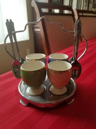 Vintage Egg Cup Set With Stand,  And Spoons.  4 Cups,  4 Spoons And Stand