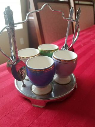 vintage egg cup set with stand,  and spoons.  4 cups,  4 spoons and stand 2