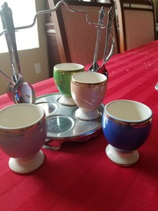 vintage egg cup set with stand,  and spoons.  4 cups,  4 spoons and stand 3
