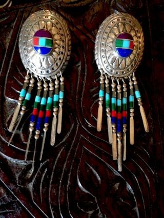 Vintage Zuni 925 Sterling Silver Turquoise Lapis 2.  3/4 " Dangle Post Earrings