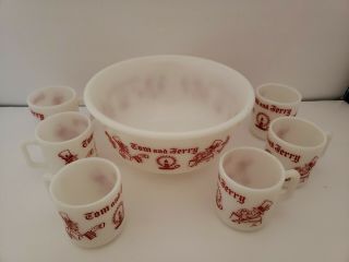 Vintage Hazel Atlas Tom & Jerry Milk Glass Punch Bowl,  6 Eggnog Mugs Cups Set