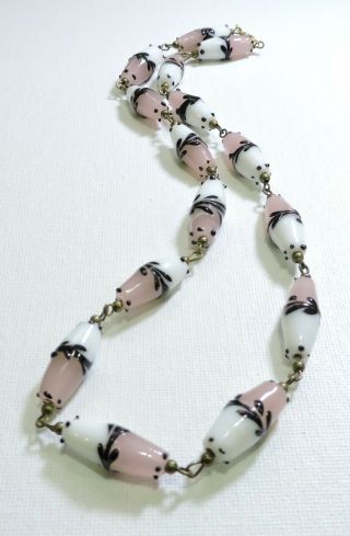 Vintage Pink White Black Feathered Lampwork Art Glass Bead Necklace Au19182