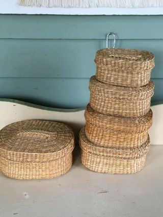 Vintage Seagrass Wicker Nesting Baskets Set Of 5 With Lids 5 " - 7.  75 "