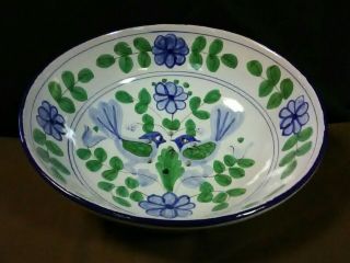 Vtg.  Majolica European Art Pottery Hand Painted Blue Birds/floral Fruit Colander