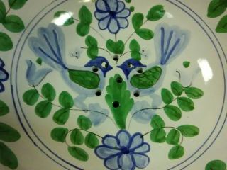 Vtg.  Majolica European Art Pottery Hand Painted Blue Birds/Floral Fruit Colander 3
