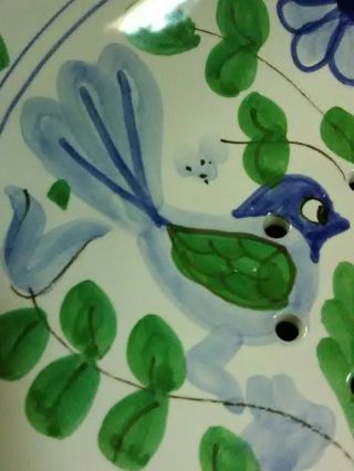 Vtg.  Majolica European Art Pottery Hand Painted Blue Birds/Floral Fruit Colander 6