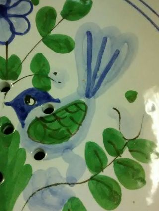Vtg.  Majolica European Art Pottery Hand Painted Blue Birds/Floral Fruit Colander 7