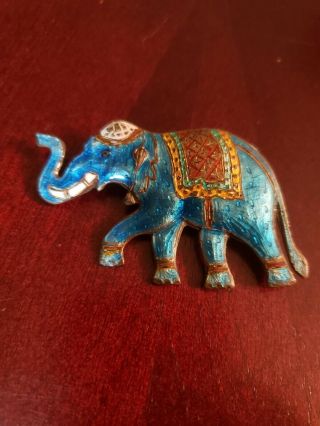 Vintage Enamel Elephant Sterling Silver Brooch - Blue And Orange - Made In Siam