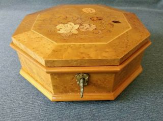 Vintage Reuge Octagon Shaped Inlaid Wood Footed Music/jewelry Box With Key