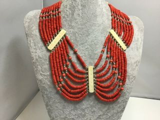 Vintage Tribal Statement Necklace Carved Bone Dyed Carol Beaded Fashion Jewelry