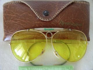 Vintage Aviator Style Remington Yellow Shooting Glasses Gold Frame Case & Cloth