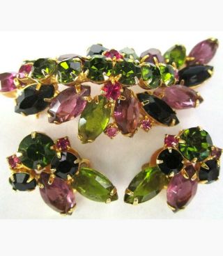 Vintage Juliana D&e,  Purple,  Pink,  Green & Black Rhinestone Brooch & Earrings