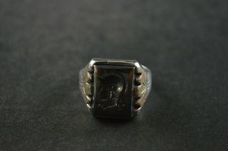 Vintage Sterling Silver Charcoal Stone Square Dome Ring - 10g