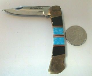 Vintage Single Blade Locking Folding Pocket Knife - Turquoise Onyx Coral Brass
