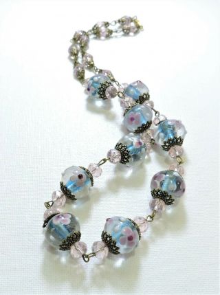 Vintage Blue W/ Pink Flowers Lampwork Art Glass Bead Necklace Jn1995