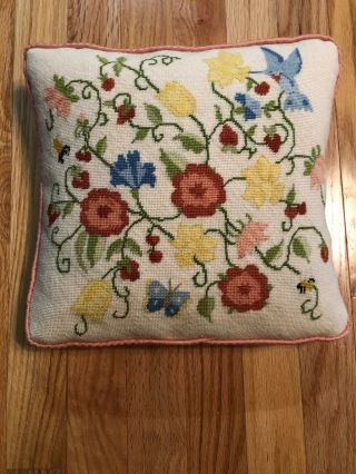 Vintage Petite Needlepoint Pillow Spring Flowers Bumblebees Handmade