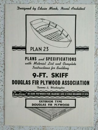 Vintage 9 Ft.  Skiff Boat Plans Designed By Edwin Monk Naval Architect,  Plan 23