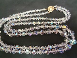 Vintage 14/20 Gold Clasp Multi 2 Strand Aurora Borealis Crystal Beaded Necklace