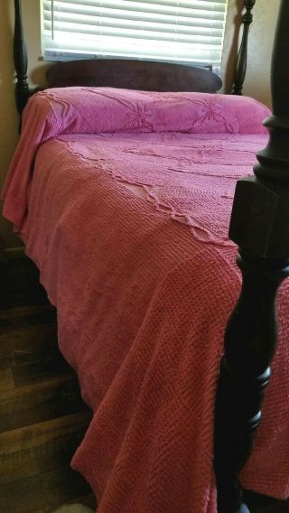 Vintage Chenille Bedspread Queen - Bright Pink