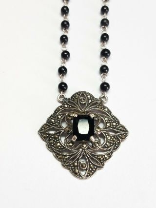 Vintage 925 A Sterling Silver Marcasite Onyx Pendant Bead Necklace