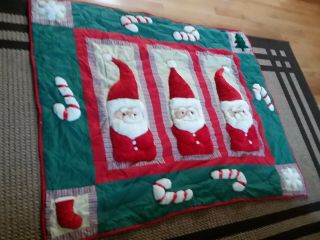 Vtg Plush Raised Three Santa Christmas Tree Candy Cane Blanket Throw Quilt 50x60