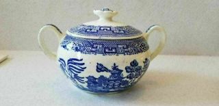 Vintage Blue Willow Sugar Bowl With Lid Boat Birds Willow Bridge