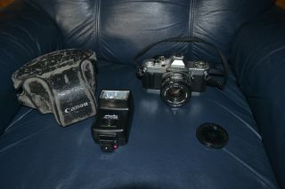 Vintage Canon Av - 1 Film Camera With Canon Fd 50mm 1:1.  8 Lens & Minolta Flash