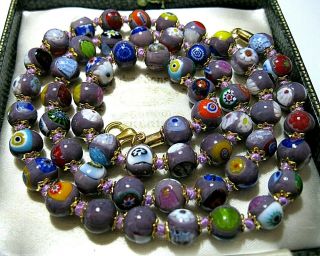 Lovely Purple Millefiori Venetian Murano Glass Bead Long Vintage Style Necklace