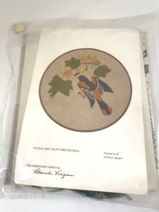 Vintage Oriole Bird Tulip Flower Tree Crewel Embroidery Kit Blanche Virgien 60 