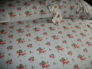 Vintage Ralph Lauren Home Full Fitted Sheet W/pillowcases Blue Stripe Floral 3pc