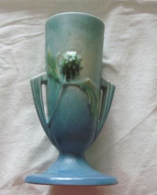 Vintage Roseville Thornapple 814 - 7 Vase Blue Green Matte Finish Label 7