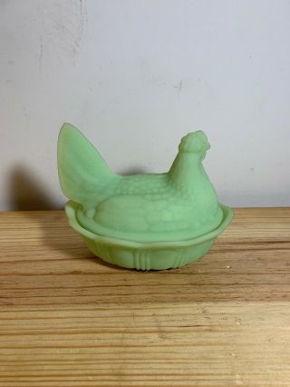 Vintage Fenton Lime Green Satin Glass Hen on Nest Covered Dish Signed 2