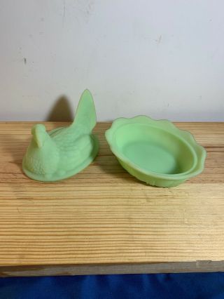 Vintage Fenton Lime Green Satin Glass Hen on Nest Covered Dish Signed 3