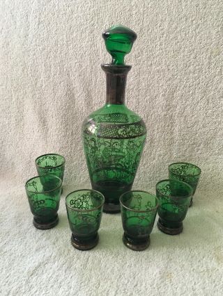 Vintage Italian Venetian Green Glass Decanter & 6 Shot Glasses