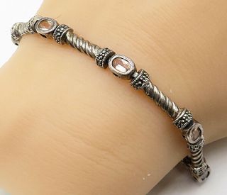 925 Sterling Silver - Vintage Pink Topaz Marcasite Twist Chain Bracelet - B4217
