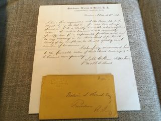 Vintage Providence Warren & Briston Railroad Reference Letter And Envelope 1866