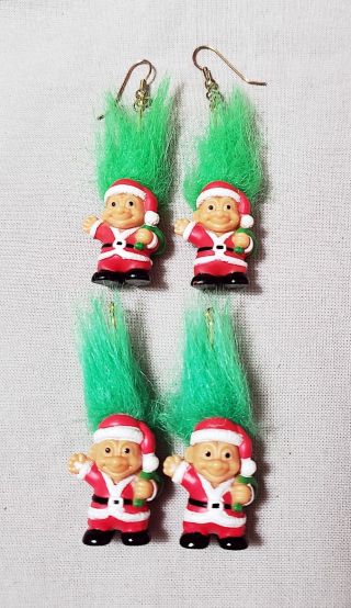 Vintage Russ Troll Doll Christmas Santa Claus Green Hair Dangle Earrings