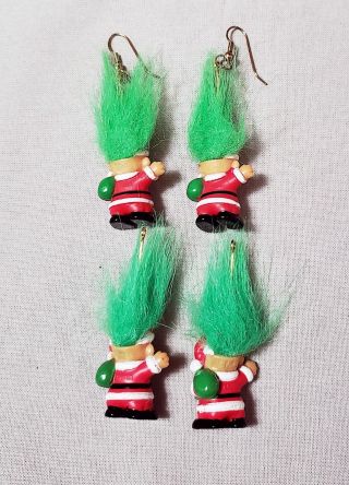 Vintage Russ Troll Doll Christmas Santa Claus Green Hair Dangle Earrings 2