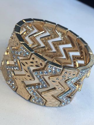 Vintage Clear Rhinestone Gold Sparkly Stretch Bracelet Wide Zig Zag Pattern