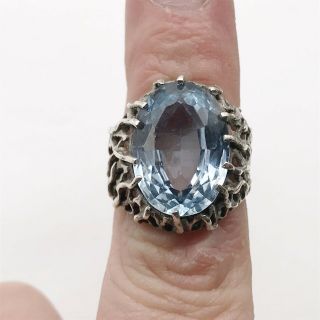 Vintage Hallmarked Solid Silver Blue Topaz Glass Modernist Chunky Ring Size K
