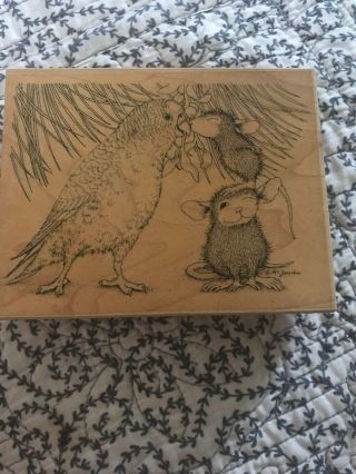 Vintage Wood Mounted Rubber Stamp House Mouse Kissing A Bird