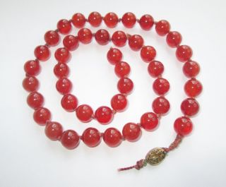 Vintage Chinese Carved Carnelian Agate Stone Beads Necklace With Filigree Clasp