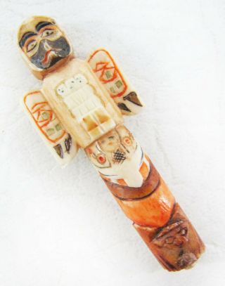 Vintage Hand Carved 2 " Bone Totem Pole - Made In Japan