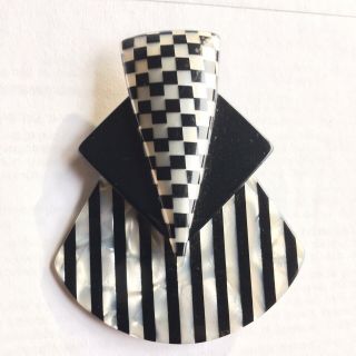 Vintage Checker Moon Glow Lucite Statement Acrylic Plastic Brooch Deco Stripes