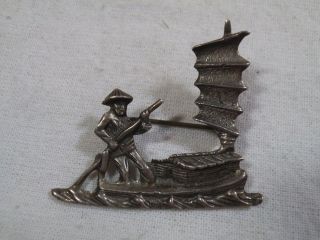 Vintage Sand Cast Sterling Silver Asian Junk Boat Sailboat Brooch - 1 5/8 " - Da