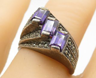 925 Silver - Vintage Amethyst & Marcasite Shifted Design Band Ring Sz 8 - R8722