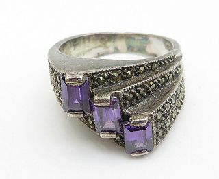 925 Silver - Vintage Amethyst & Marcasite Shifted Design Band Ring Sz 8 - R8722 2
