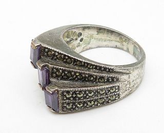 925 Silver - Vintage Amethyst & Marcasite Shifted Design Band Ring Sz 8 - R8722 5