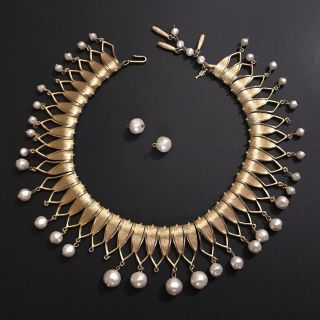 Vintage Crown Trifari Gold Tone Faux Pearl Egyptian Revival Necklace